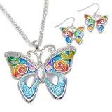 Multi Color Bright Butterfly Pendant Necklace and Earring Set Fashion Necklace