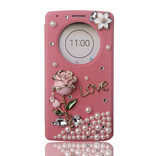 LG G3 Case, Bling Leather Love Rose Design LG G3 Diamond Leather Case, Armybee (TM) (Pink)