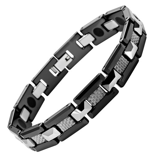 New Mens Willis Judd Polished Black Tungsten & Ceramic Magnetic Bracelet with Silver Carbon Fibre In Free Black Gift Box And Free Link Removal Tool