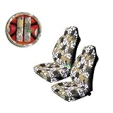 A Set of 5 Pc. Universal-fit Hawaiian Hibiscus Floral Print Front Bucket Seat Cover, Steering Wheel Cover and Shoulder Harness Pressure Relief Cover - Tan