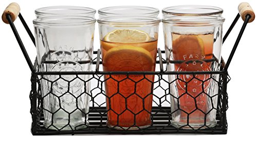 Circleware Ranch Rooster Farm, Set of 7, 6-16 Ounce Glass Milk Drink Bottles, 1-Metal Caddy Tray with Wooden Handles, Limited Edition Glassware Drinkware