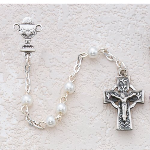 Sterling Silver 5mm White Communion Rosary Necklace Jewelry Pendant Catholic Religious Prayer