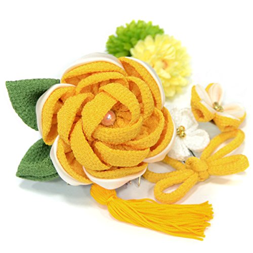 髪飾り つまみ細工【和洋 房付きモダン花リボン 4set/黄 からし色×抹茶緑・白・生成り 14147】