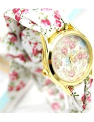 Ladies Self-Tie Yellow Gold White & Pink Flower Ribbon Fashion Watch SW-1244