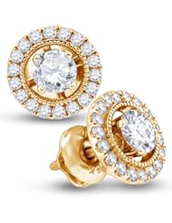 14K Yellow Gold Round Brilliant Cut Diamond - Round Shape Halo Prong Set Studs Earrings with Secure Screw Back Closure - (3/4 cttw.)