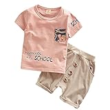 【SEBLES】ベビー 赤ちゃん 男の子 半袖 ラウンドネック プリント 無地 ポケット Tシャツ クール ズボン ボトムス パンツ セット ツーピース コットン 綿(ピンク,80cm)