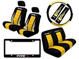 10 Piece Type X Auto Interior Racing Set - Universal Fit Low Back Bucket Seat Covers and Rear Bench Seat Cover and Steering Wheel Cover and Seat Belt Covers and License Plate Frame - Yellow