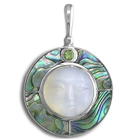 Sterling Silver Opalite Face w/ Paua Shell and Peridot Accent Pendant by Sajen