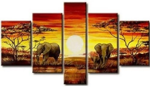 100% Hand Painted African Painting Sunset Painting Elephant Oil Painting 5 Piece Wall Art Abstract Art Group Painting Canvas Art Free Shipping Stretched Ready to Hang
