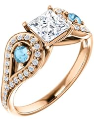18K Rose Gold Round Cut Diamond and Aquamarine Ring -- LIFETIME WARRANTY