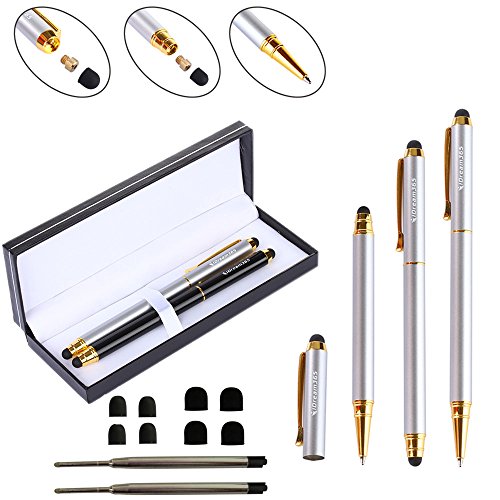 Stylus,iDream365(TM) 2pcs 3-in-1 Stylus Pen(5.7" Length,Stainstainless Steel) for All Capacitive Touch Screen Smartphones,Tablets PC(Extra 2 Refills+8 Rubber Tips) With Gift Box-Black/Gold&Silver/Gold