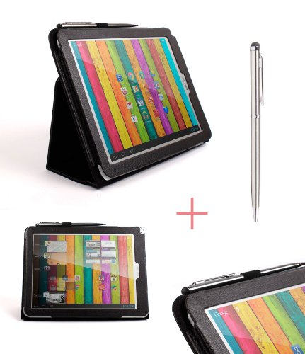 DURAGADGET Etui aspect cuir noir avec port de maintien arrière pour Archos 97 TITANIUM HD tablette tactile 9,7 pouces Android 3G / WiFi (PAS COMPATIBLE avec Archos 97b ou modèles PLATINIUM et COBALT) - Garantie 5 ans+ stylo bille / stylet 2 en 1 gris argent - Garantie 5 ans