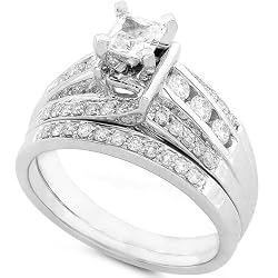1.00ctw Princess and Round Diamond Wedding Rings Set in 14Kt White Gold (HI/I1) - Size 6