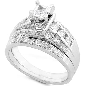 1.00ctw Princess and Round Brilliant Diamond Wedding Ring Set in 14kt White... by Diamond-Me