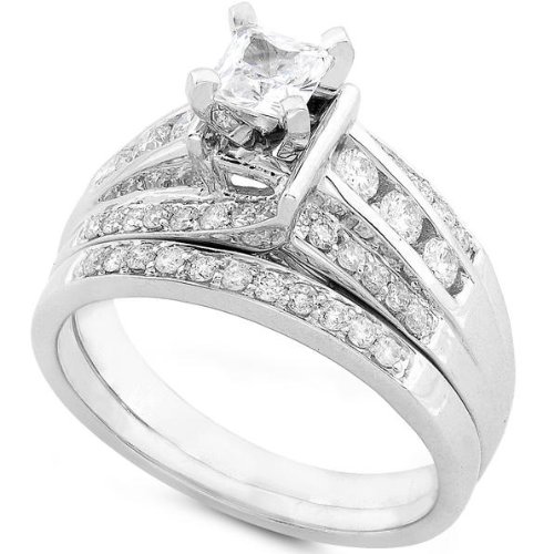 Childrens Toyshop  Jewelry : 1.00ctw Princess and Round Brilliant Diamond Wedding Ring Set in 14kt White Gold (HI/SI-I1)