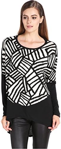 Honormall Women's Black White Pattern Splicing color Long Sleeve Tops Blouse