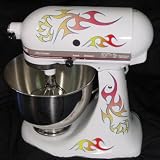 Tribal Double Decal Flame Kit red, orange, and yellow with blue trim, designed to fit all KitchenAid stand mixers including Classic, Artisan, and Professional 600, without accessory interference.