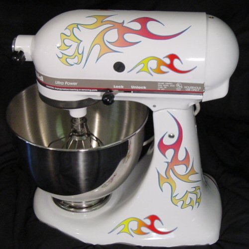 Tribal Double Decal Flame Kit red, orange, and yellow with blue trim, designed to fit all KitchenAid stand mixers including Classic, Artisan, and Professional 600, without accessory interference.