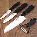 RIMON CERAMIC KNIVES SET (4" + 5" + 7" PEELER) LOT OF 4 4PCS 4IN 5IN 7IN 4-INCH 5-INCH 7-INCH KITCHEN CUTLERY WHITE BLADE BLACK ABS HANDLE CHEFS PARING PEELING SLICING UTILITY SHARP CUTTING