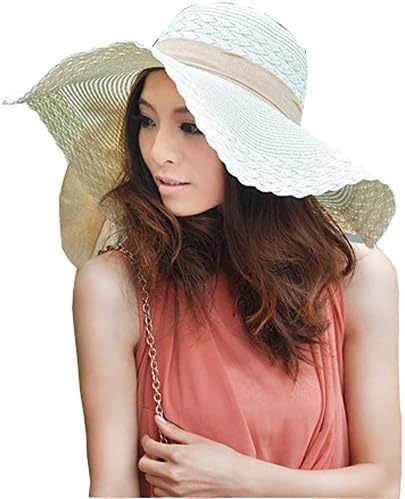 Women Large Wide Brim Floppy Beach Sun Visor Shade Straw Hat Cap White