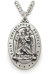 .925 Sterling Silver Oval Pierced St. Christopher Medal Patron Saint St. Pendant Comes with a 24'' Chain Necklace in a deluxe velvet box