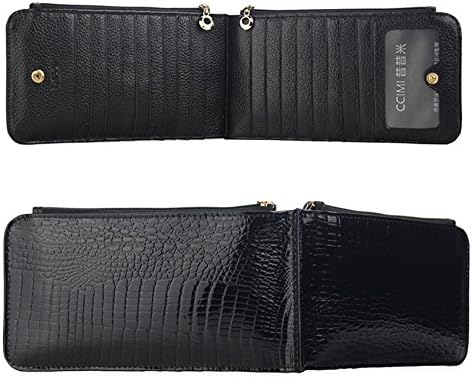 CCIMI Women's Genuine Leather Bifold Business Card Case Minimalist Zipper Black Wallet for Iphone 6 Plus