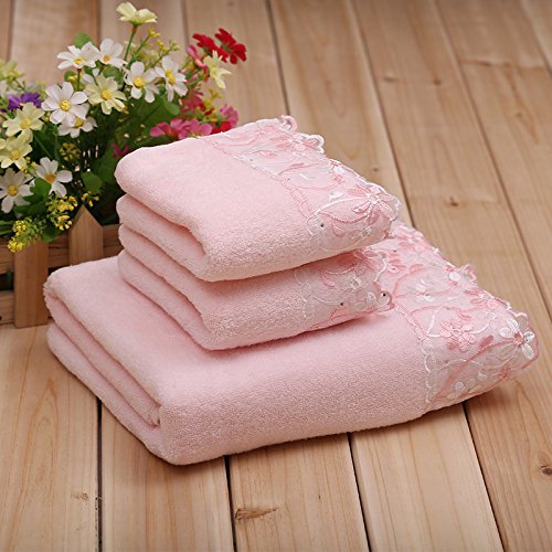 Ustide pink lace bath towels set soft hand towels cotton face tow…