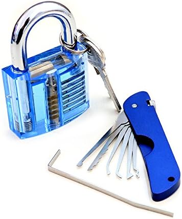 Teefy Portable Folding Jackknife Single Hook Picks + Transparent Training Padlock Blue