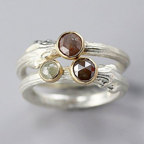 14k Gold and Sterling Silver Twig Ring Stacking Set with Rose Cut Diamonds
