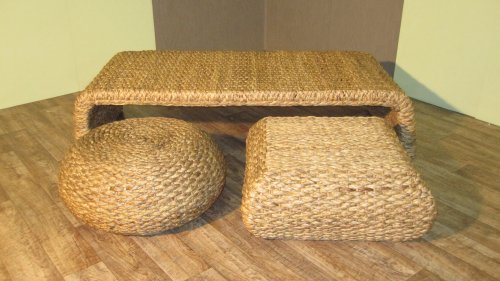 Wasserhyazinthe Garnitur Hocker Tisch Rattan 3-teilig