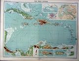 1920 COLOUR MAP WEST INDIES CARIBBEAN SEA