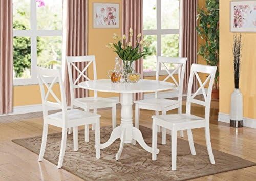 East West Furniture DLBO3-WHI-W 3PC Kitchen Round Table with 2 Drop Leaves and 2 X -back Chairs with wood Seat