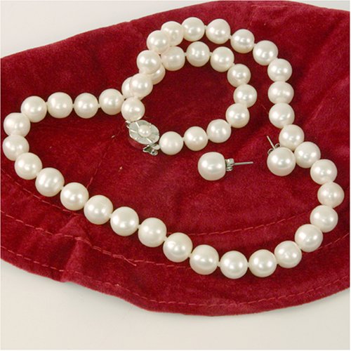 Childrens Toyshop  Jewelry : Pearl Freshwater Cultured Silver .925 White Necklace 9-9.5mm 17" Stud Earring 10.0mm Travel Pouch