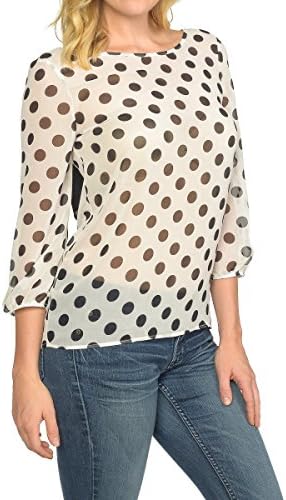 VINTAGE POLKADOT BLOUSE WITH BACK BOW, 3/4 SLEEVE CHIFFON TOP 26L3 Medium IVORY BLACK