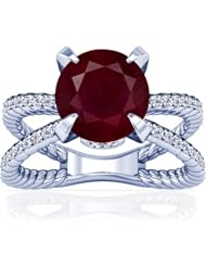 14K White Gold Round Cut Ruby Ring With Sidestones