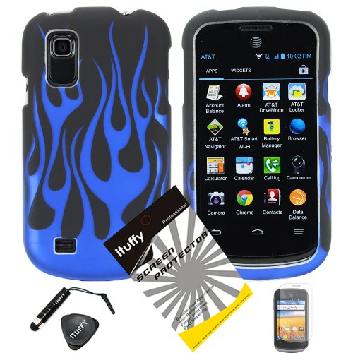 4 items Combo: ITUFFY (TM) LCD Screen Protector Film + Mini Stylus Pen + Case Opener + Black Blue Flame Design Rubberized Snap on Hard Shell Cover Faceplate Skin Phone Case for StraightTalk / AIO Wireless ZTE Prelude Z993 / AT&T Z992 ZTE Avail2 (Please note will fit 2nd Generation only)