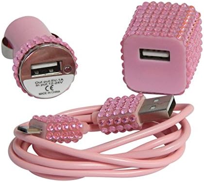 Candy Cables Android Pink Rhinestone Cell Phone Wall + Car Charger Sync / Charging Set