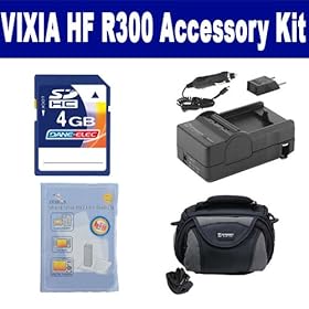 Canon VIXIA HF R300 Camcorder Accessory Kit includes: SDC-26 Case, ZELCKSG Care & Cleaning, PT77 Charger, KSD4GB Memory Card