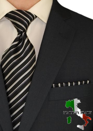Berioni Hand Made in Italy 100% Woven Silk Mens Neck Tie + Pocket Square Jacquard Woven Tie and Hanky Set Black Gray X5