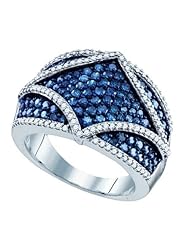 1.55 Carat (ctw) 10K White Gold Round White & Blue Diamond Ladies Right Hand Fashion Band 1 1/2 CT
