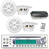 Pyle Marine Stereo Radio Headunit Receiver & Speaker Kit, MP3/USB/SD Readers, CD Player, AM/FM Radio, Single DIN, (4) Waterproof 5.25'' Speakers, Splash Proof Cover (White)