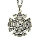 1" Sterling Silver Antiqued FireFighter Medal with Philippians 4:13 and Crosson Back on 24" Chain