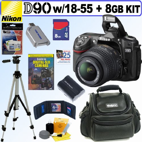 Nikon D90 DX 12.3MP Digital SLR Camera with 18-55mm f/3.5-5.6G AF-S DX VR Nikkor Zoom Lens + 8GB Deluxe Accessory Kit