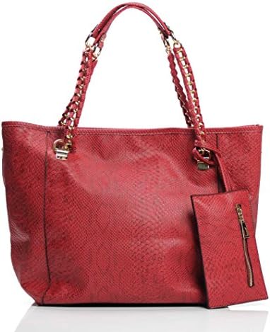Rhodopis Faux Leather (Snake) Large Size Tote Shopper with Train Strap (Red)