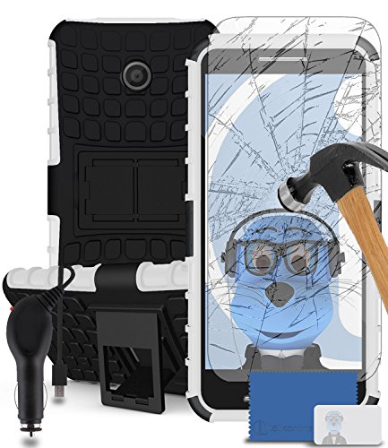 iTALKonline Motorola Moto E XT1021 White Black Tough Hard Shock Proof Rugged Heavy Duty Case Cover with Viewing Stand and Tempered Glass Protective LCD Screen Protector with MicroFibre Polishing Cleaning Cloth Application Card and 1000 mAh MicroUSB In Car Charger