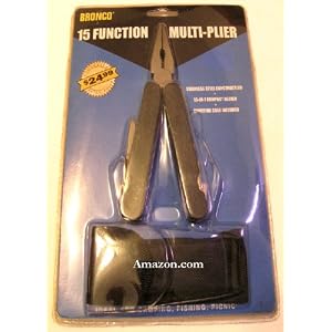 Click here to buy Bronco 15-Function Multi-Tool With Carrying Case: Stainless Steel, pliers, wire cutter, knife, awl,....