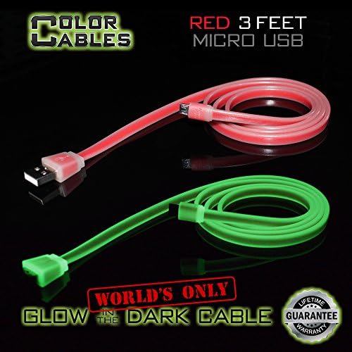 Color Cables: Micro USB Charge and Sync Data Cable (RED - 3FT) Glow In The Dark - 1M Long - Extra Tough - No Tangle - High-Speed - Premium Micro USB to USB A Cable (LIFETIME WARRANTY)