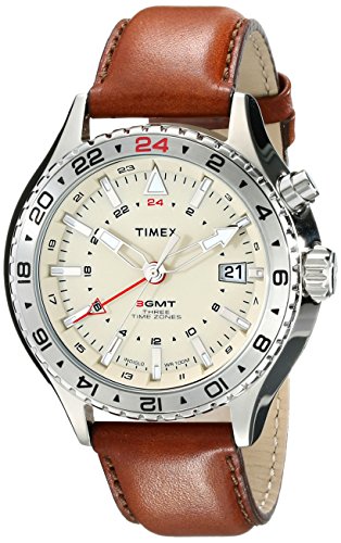 Timex Men s T2P426DH Intelligent Quartz 3-GMT Stainless Steel Watch with Brown Leather Band