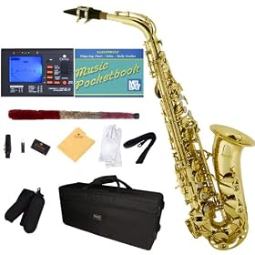 Mendini MAS-L Gold Lacquered Brass E Flat Alto Saxophone + Case, Accessories & Free Chromatic Tuner with Metronome