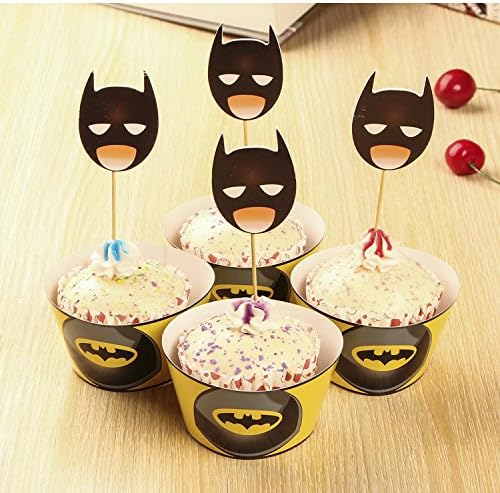 Pack of 24(12pcs Wrappers +12pcs Toppers) Cute Batman Cupcake Wrappers Cakes Decoration Birthday Party Favors for Kids Festa Cake Toppers Picks Kids Party Supplies (Batman)